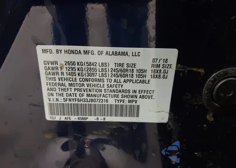 2018 Honda Pilot Ex from USA, damaged, VIN 5FNYF6H33JB072316